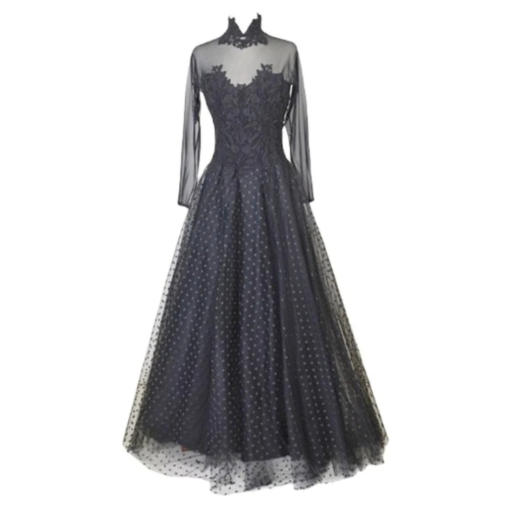 Rare Lillie Rubin Vintage Black Sheer Long Sleeve Ballgown with Lace Neck Sz 8